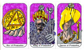 E.J. Gold's first solo tarot deck, the Solar Deck, here showing the Ace, King and Queen of Pentacles