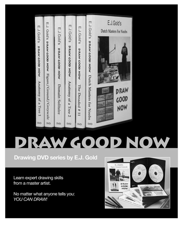 Poster showing the six Draw Good Now DVDs by E.J. Gold